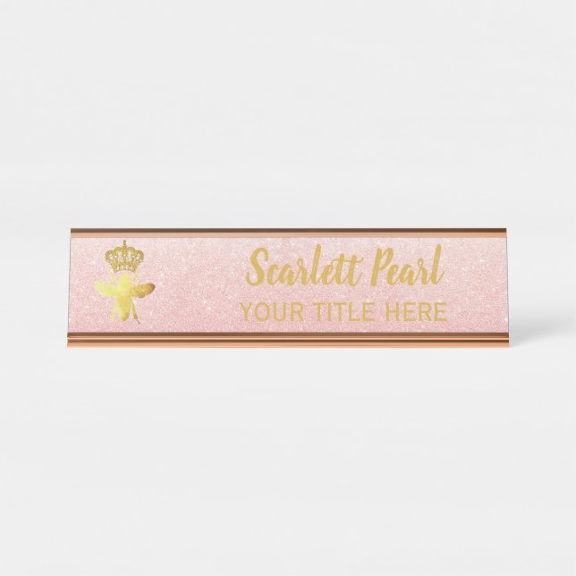 Custom QUEEN BEE Rose Glitzer Namplate Holder Schreibtischnamensplakette (Vorderseite )