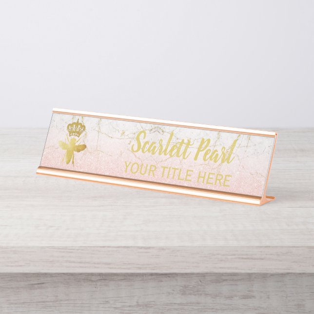 Custom QUEEN BEE Rose Pink Glitte Namplate Holder Schreibtischnamensplakette (Vorderseite )