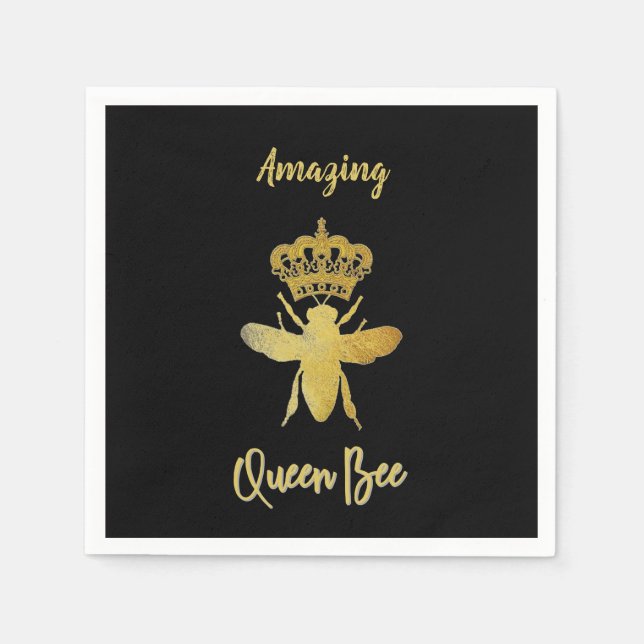 Custom QUEEN BEEN Gold Black Beverage Cocktail Serviette (Vorderseite)