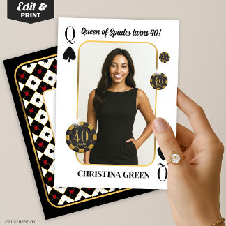 Custom Queen of Spades Birthday Invite, Casino Einladung