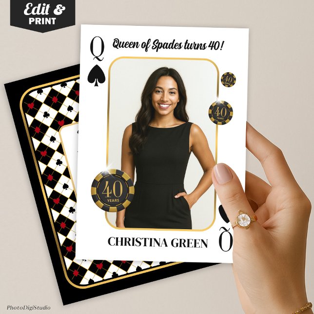 Custom Queen of Spades Birthday Invite, Casino Einladung (Custom Queen of Spades Birthday Invite with Photo, Casino Invitation)