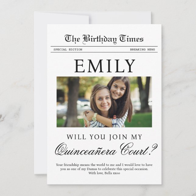 Custom Quinceañera Court Vorschlag Zeitung Karte (Vorderseite)