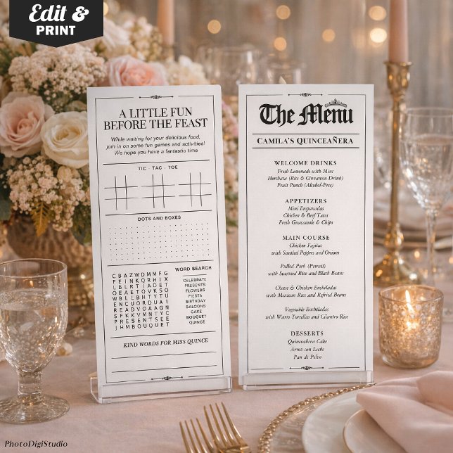 Custom Quinceañera Menu, Black White Interactive Menükarte (Custom Quinceañera Menu, Black White Interactive Menu)