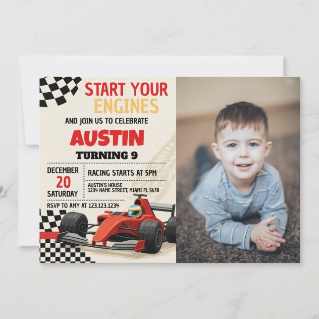 Custom Racing Party Einladung für Kinder mit Foto (Vorderseite)