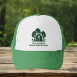 Custom Real Anwesen Company Forest Green Realtor Truckerkappe<br><div class="desc">Dieses Anwesen ist perfekt auf einen Immobilienmakler abgestimmt,  der Häuser in der Nähe der Wildnis oder des Waldes verkauft. Die grüne Silhouette von Bäumen hinter einer Blockhütte Zuhause und personalisiert mit Ihrem Agent und Immobilien-Firmennamen für Marketing in den Hinterwäldern.</div>