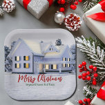 Custom Real Anwesen Company Winterweihnachtsfest P Pappteller<br><div class="desc">Diese hübsche Weihnachts-Papiertafel für Weihnachten im Anwesen ist perfekt für eine Immobilienfirma im Norden geeignet. Herrlicher weißer Schnee reien die Bäume und das Haus auf diesem Winterurlaub Dekoration. Ein Immobilienmakler kann frohe Weihnachten in rot und grün schreiben oder mit seinen eigenen Frohen Festtagen anpassen.</div>