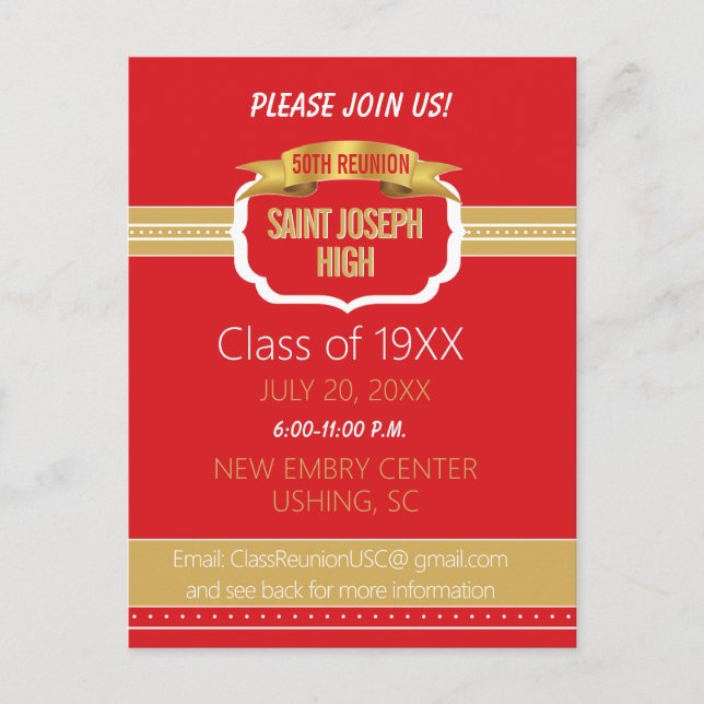 Custom Red 50th Class Reunion Invite Postkarte (Vorderseite)