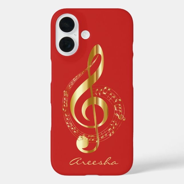 Custom Red and Gold Treble Clef Musiknote iPhone 16 Hülle (Rückseite)