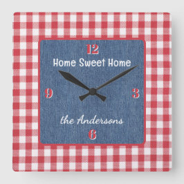 Custom, Red and White Check, Blue Denim Print Quadratische Wanduhr