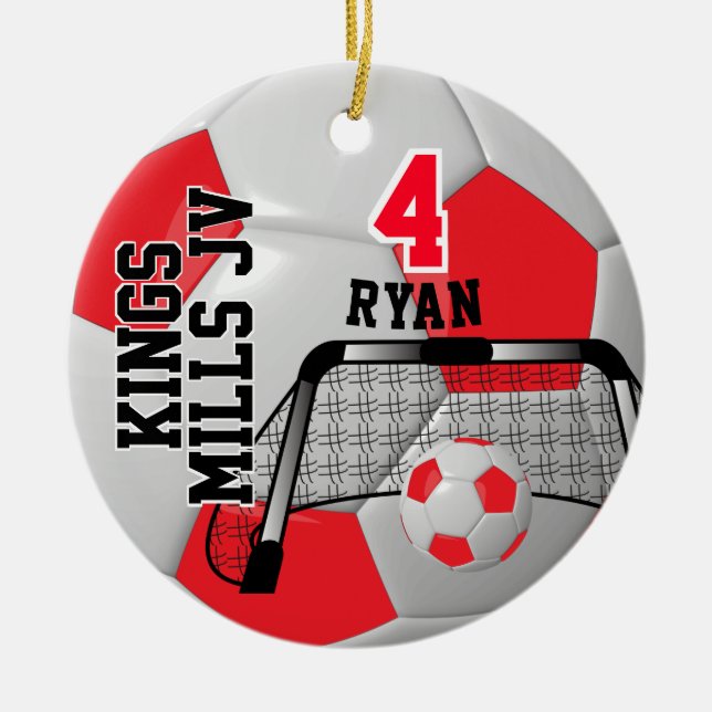 Custom Red and White Personalize Soccer Ball Keramik Ornament (Vorne)