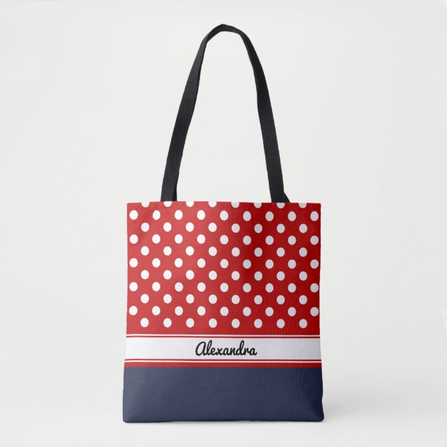 Custom Red and White Polka Dots mit Marine Base Tasche (Vorderseite)