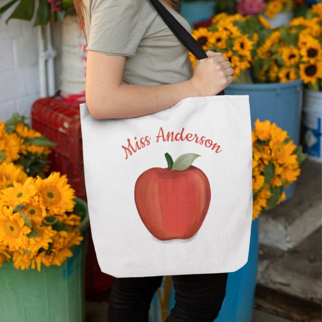 Custom Red Apple Minimalistisch Personalisiert Tea Tasche (Teacher watercolor apple personalized tote bag.)