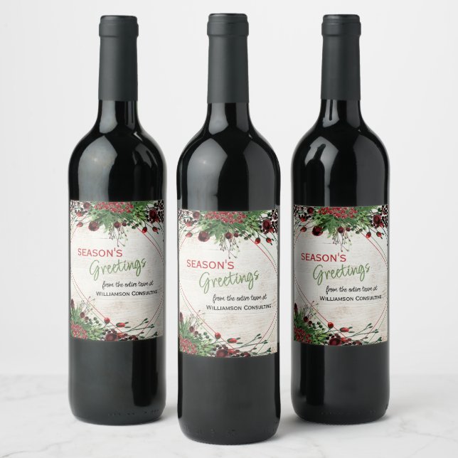 Custom Red Berries Green Holly Botanical Foliage Weinetikett (Flaschen)