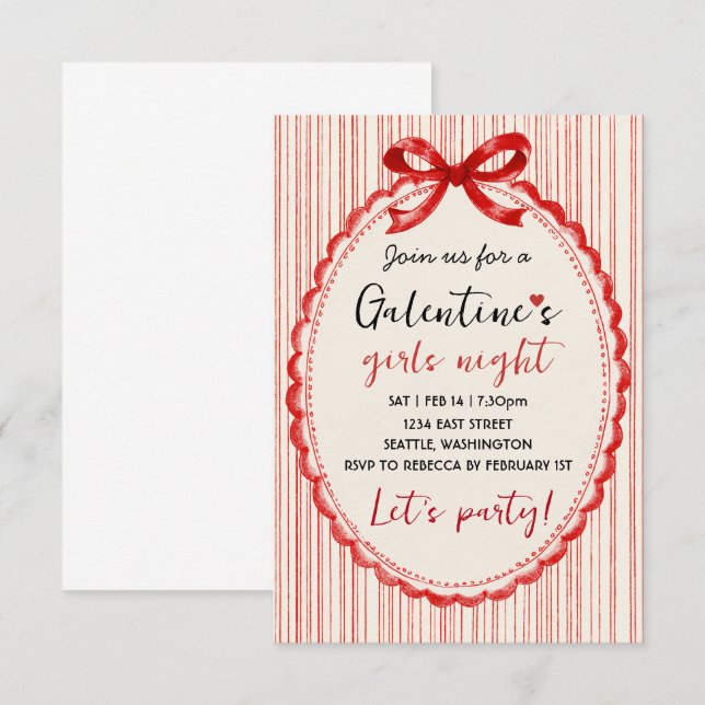 Custom Red Bow Galentines Party Invitation RSVP Karte (Vorne/Hinten)