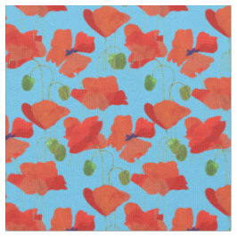 Custom Red Field Poppies Sky Blue Floral Fabric Stoff