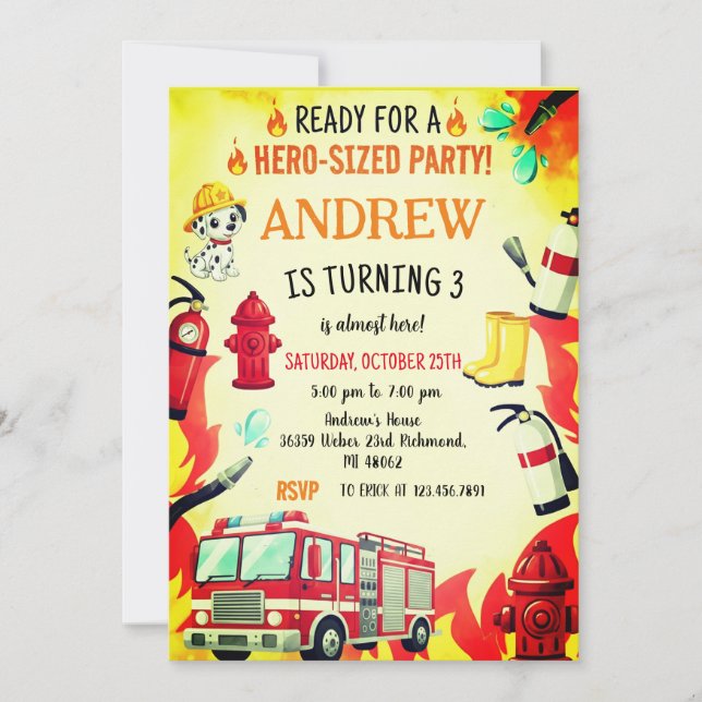 Custom Red Fire Truck Birthday Party Invitations Einladung (Vorderseite)