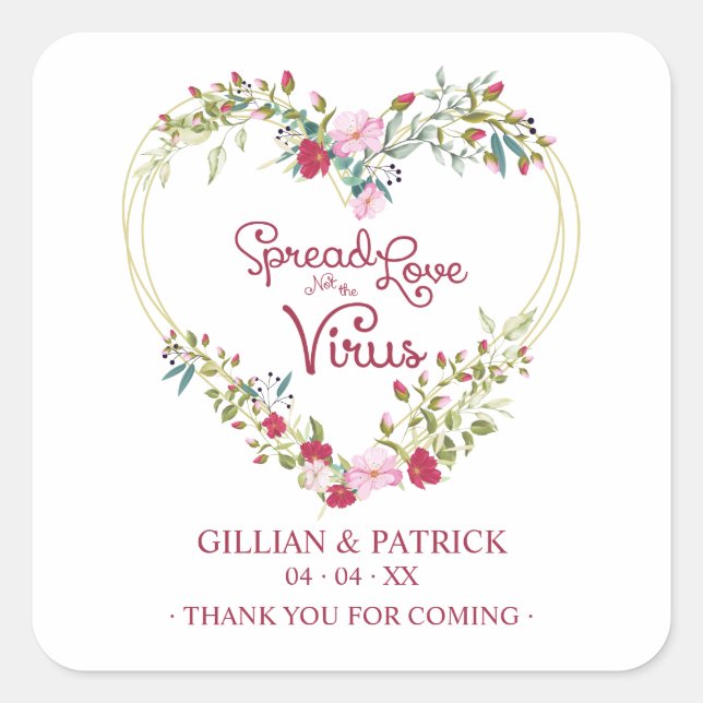 Custom Red Floral Heart Wedding Sanitizer Gel Quadratischer Aufkleber (Vorderseite)