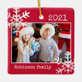 Custom Red Foto Border White Snowflakes Holiday Keramikornament