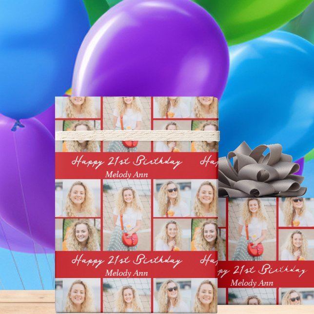 Custom Red Happy Birthday Photo Collage Geschenkpapier (Von Creator hochgeladen)