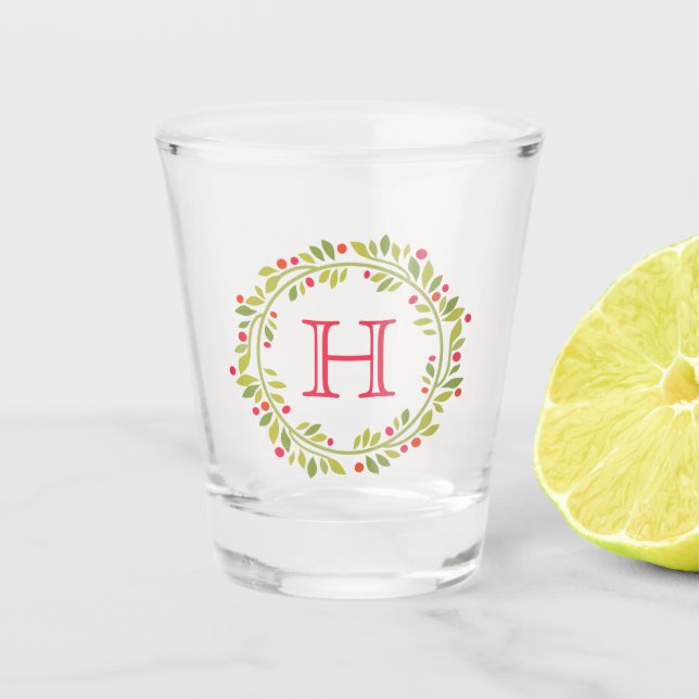 Custom Red Holly Berries Green Blätter Kranz Schnapsglas (Vorderseite)