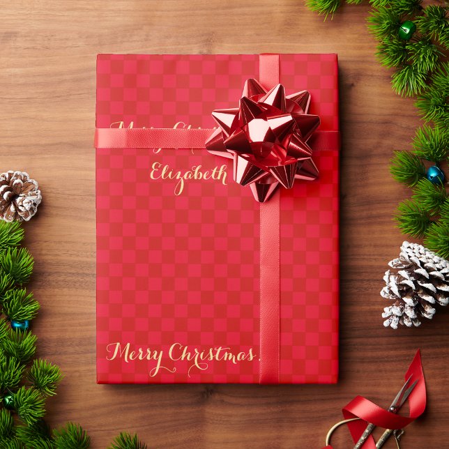 Custom Red Karos Imitate Gold Script Frohe Weihnac Geschenkpapier (Custom Red Checks Faux Gold Script Merry Christmas Wrapping Paper)