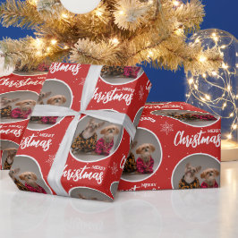 Custom Red Merry Christmas One Circle Photo Geschenkpapier