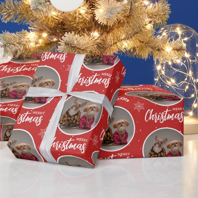 Custom Red Merry Christmas One Circle Photo Geschenkpapier (Feiertage)