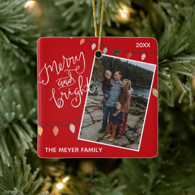 Custom Red Merry und Helle Weihnachtslicht Foto Keramikornament (Baum)