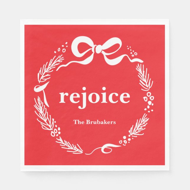 Custom Red Modern Hand Drawn Bow Rejoice Christmas Serviette (Vorderseite)