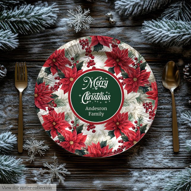 Custom Red Poinsettia Chic Christmas Paper Plates  Pappteller (Custom Red Poinsettia Chic Christmas Paper Plates )