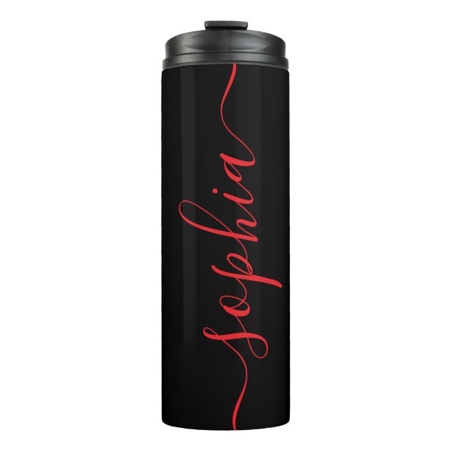 Custom Red Script Name Black Thermal Tumbler Thermosbecher (Vorderseite)