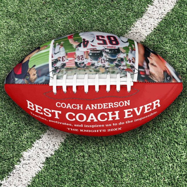 Custom Red Team Best Coach je Foto Collage Football (Personalize this football keepsake gift for your favorite coach!)
