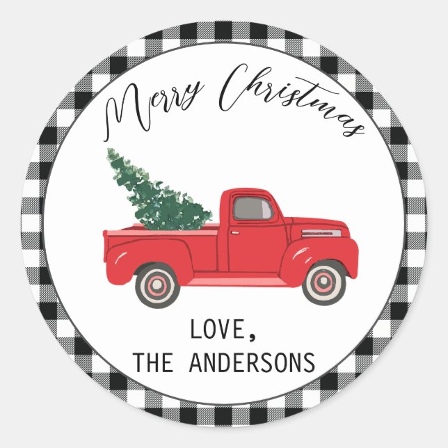 Custom Red Truck mit Baum Art Malerei Runder Aufkleber (Vorderseite)