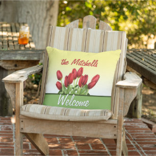 Custom Red Tulips Willkommen Modernes Retro Script Kissen