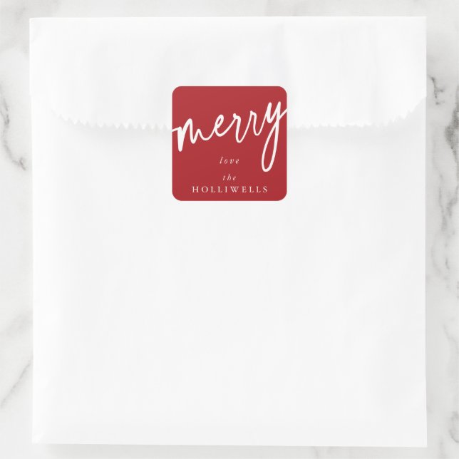 Custom Red + White 'Merry' Weihnachten/Feiertag Quadratischer Aufkleber (Tasche)