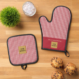 Custom Red & White Strip Ofenhandschuh & Topflappen-Set