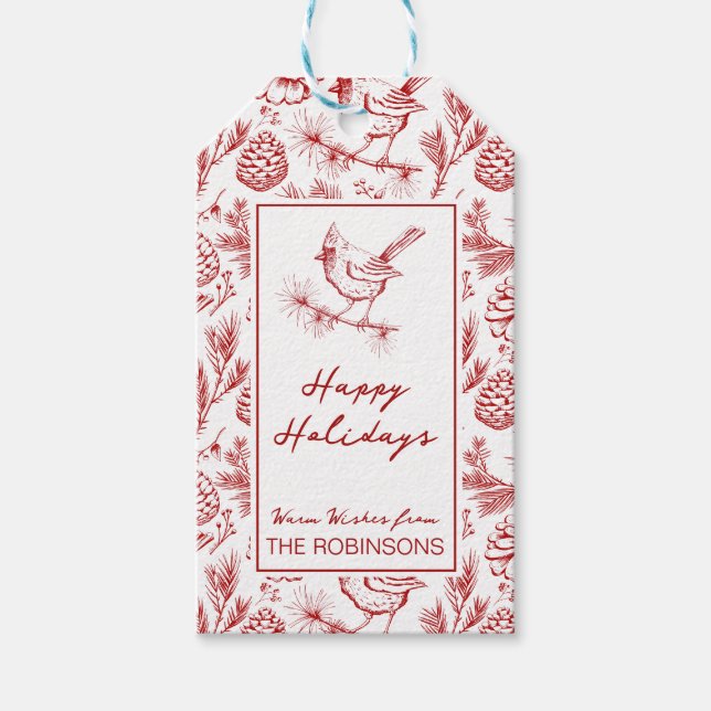 Custom Red & White Winter Kardinal Happy Holidays Geschenkanhänger (Vorderseite)