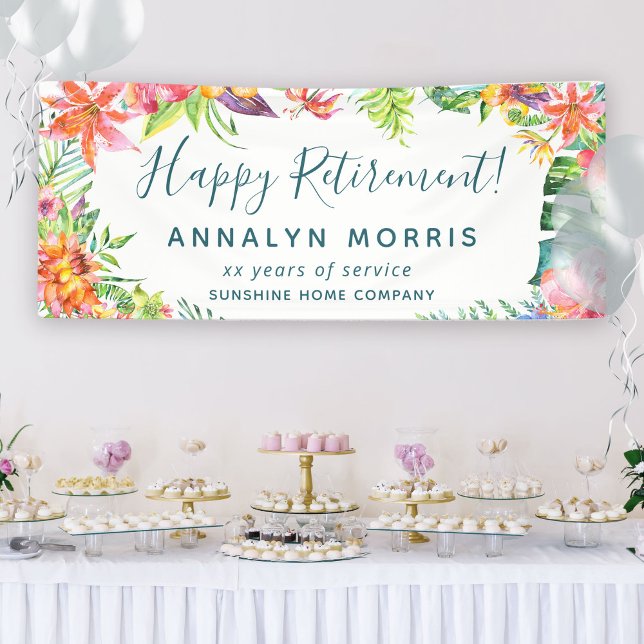 Custom Retirement Party Tropical Floral Modern Banner (Von Creator hochgeladen)