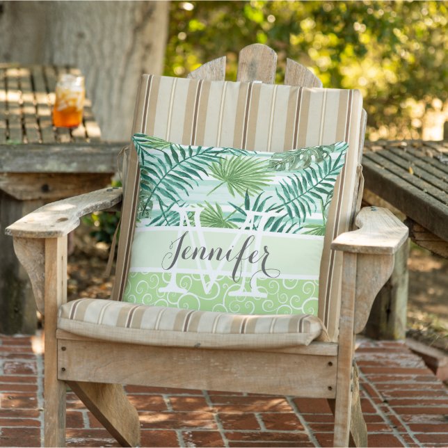 Custom Retro Angesagt Tropical Green Palm Leaftern Kissen (Stuhl )