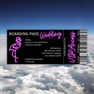 Custom Retro Boarding Pass Neon Flamingo Wedding Einladung