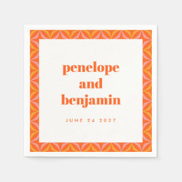 Custom Retro Bright Orange Border Wedding Names Serviette