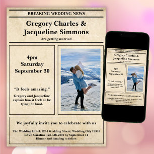 Custom Retro Elegante Newspaper Foto Quote Wedding Einladung