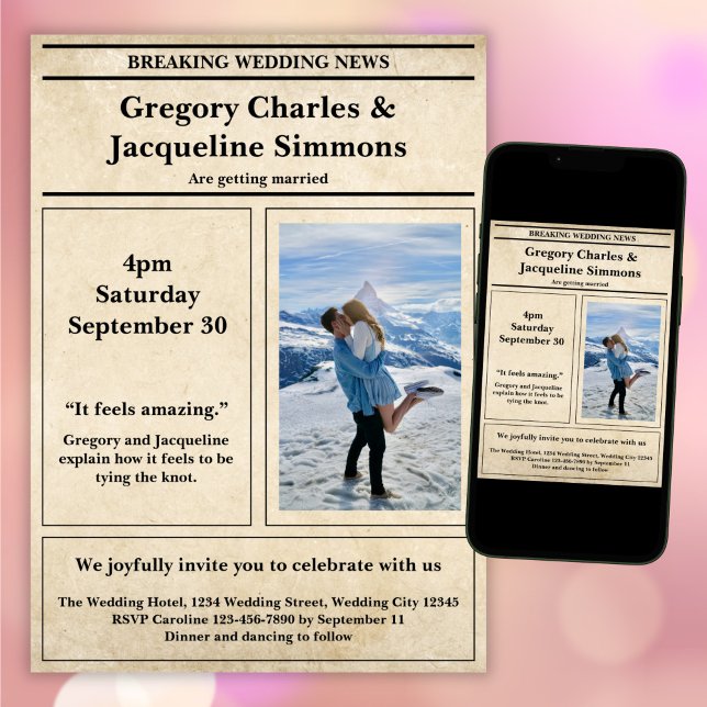 Custom Retro Elegante Newspaper Foto Quote Wedding Einladung (Von Creator hochgeladen)