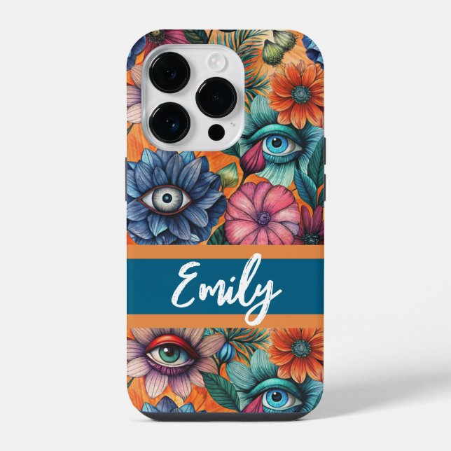 Custom Retro Floral Pattern iPhone 14 Pro Hülle (Rückseite)