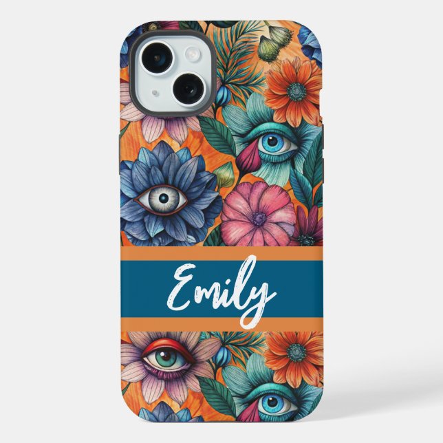 Custom Retro Floral Pattern iPhone 15 Plus Hülle (Rückseite)