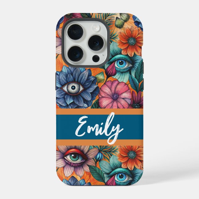 Custom Retro Floral Pattern iPhone 15 Pro Hülle (Rückseite)
