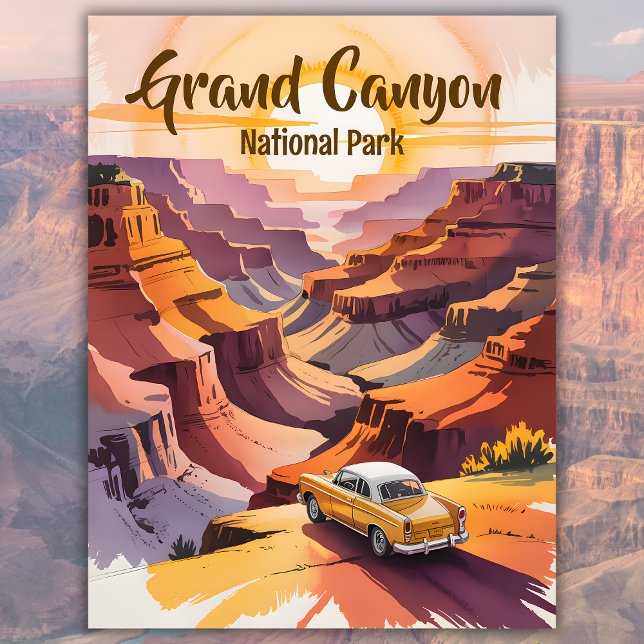 Custom Retro Grand Canyon Wasserfarbenweg Trip Car Postkarte (Custom Retro Grand Canyon Watercolor Road Trip Car Postcard)