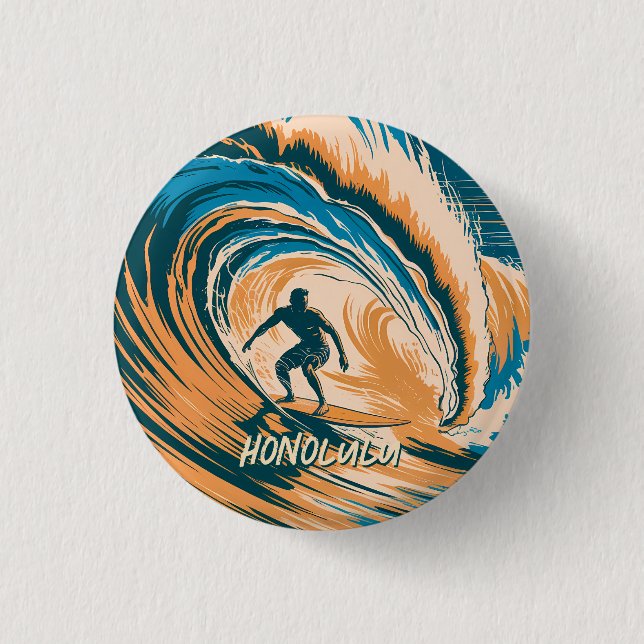 Custom Retro Honolulu Hawaii Surfer Ozean Button (Vorderseite)