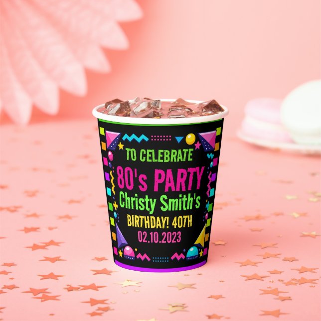 Custom Retro Neon 80’s Birthday Party Pappbecher (Insitu)