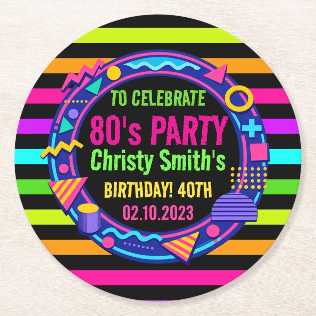 Custom Retro Neon 80’s Birthday Party Runder Pappuntersetzer (Vorderseite)